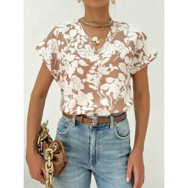 V Neck Floral Print Blouse, Casual Short Sleeve Blouse For Spring & Summer, Women's Clothing