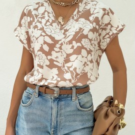 V Neck Floral Print Blouse, Casual Short Sleeve Blouse For Spring & Summer, Women's Clothing