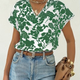 V Neck Floral Print Blouse, Casual Short Sleeve Blouse For Spring & Summer, Women's Clothing