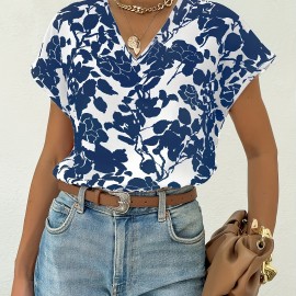 V Neck Floral Print Blouse, Casual Short Sleeve Blouse For Spring & Summer, Women's Clothing