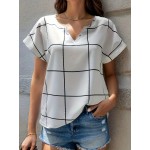 Plaid Notched Neck Blouse, Casual Short Sleeve Blouse For Spring & Summer, Women's Clothing