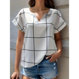 Plaid Notched Neck Blouse, Casual Short Sleeve Blouse For Spring & Summer, Women's Clothing