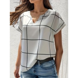 Plaid Notched Neck Blouse, Casual Short Sleeve Blouse For Spring & Summer, Women's Clothing