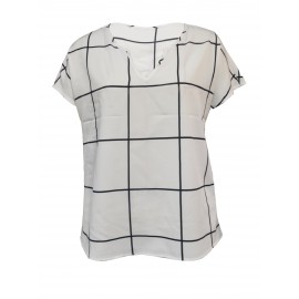 Plaid Notched Neck Blouse, Casual Short Sleeve Blouse For Spring & Summer, Women's Clothing