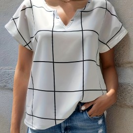 Plaid Notched Neck Blouse, Casual Short Sleeve Blouse For Spring & Summer, Women's Clothing