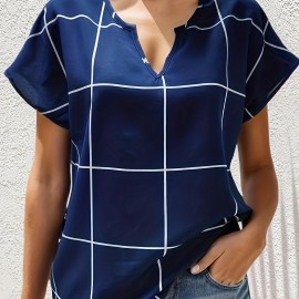 Plaid Notched Neck Blouse, Casual Short Sleeve Blouse For Spring & Summer, Women's Clothing