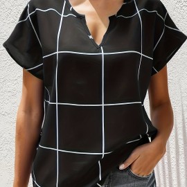 Plaid Notched Neck Blouse, Casual Short Sleeve Blouse For Spring & Summer, Women's Clothing