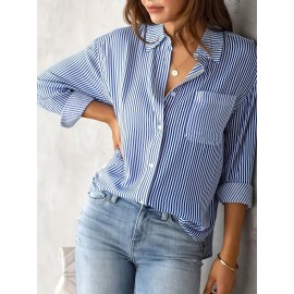 Striped Print Button Front Shirt, Casual Long Sleeve Shirt With Pocket, Women's Clothing