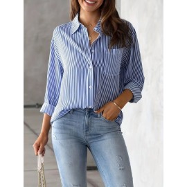 Striped Print Button Front Shirt, Casual Long Sleeve Shirt With Pocket, Women's Clothing