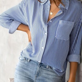 Striped Print Button Front Shirt, Casual Long Sleeve Shirt With Pocket, Women's Clothing