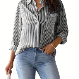 Striped Print Button Front Shirt, Casual Long Sleeve Shirt With Pocket, Women's Clothing