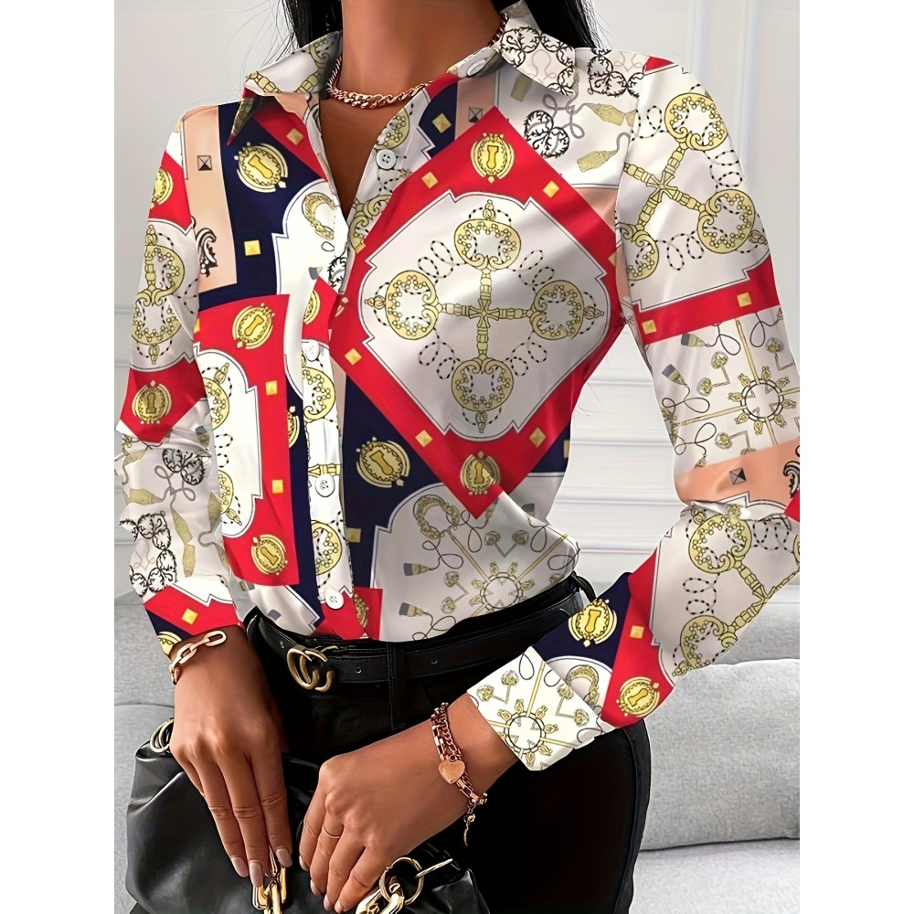 Long Sleeve Beach Vacation Shirt, Button Up Casual Top For Spring & Fall, Women's Clothing