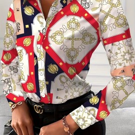 Long Sleeve Beach Vacation Shirt, Button Up Casual Top For Spring & Fall, Women's Clothing