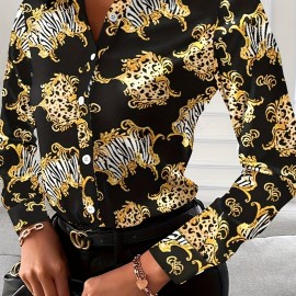 Long Sleeve Beach Vacation Shirt, Button Up Casual Top For Spring & Fall, Women's Clothing