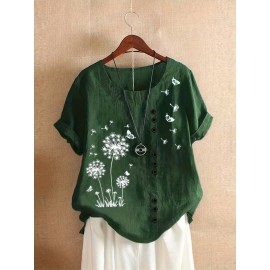 Dandelion Print Blouse, Casual Crew Neck Short Sleeve Blouse For Spring & Summer, Women's Clothing