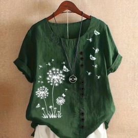 Dandelion Print Blouse, Casual Crew Neck Short Sleeve Blouse For Spring & Summer, Women's Clothing