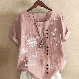 Dandelion Print Blouse, Casual Crew Neck Short Sleeve Blouse For Spring & Summer, Women's Clothing