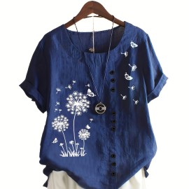 Dandelion Print Blouse, Casual Crew Neck Short Sleeve Blouse For Spring & Summer, Women's Clothing