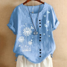 Dandelion Print Blouse, Casual Crew Neck Short Sleeve Blouse For Spring & Summer, Women's Clothing