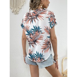 Plant Print Blouse, Casual V Neck Short Sleeve Summer Blouse, Women's Clothing