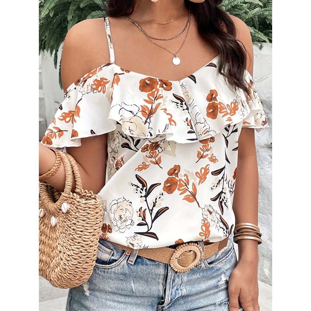 Boho Floral Print Spaghetti Blouse , Vacation Cold Shoulder Ruffle Trim Summer Tops , Women's Clothing