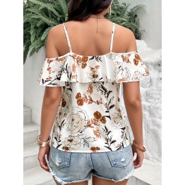 Boho Floral Print Spaghetti Blouse , Vacation Cold Shoulder Ruffle Trim Summer Tops , Women's Clothing