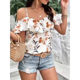 Boho Floral Print Spaghetti Blouse , Vacation Cold Shoulder Ruffle Trim Summer Tops , Women's Clothing