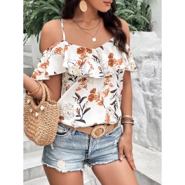 Boho Floral Print Spaghetti Blouse , Vacation Cold Shoulder Ruffle Trim Summer Tops , Women's Clothing