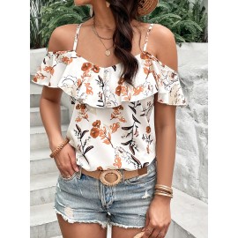 Boho Floral Print Spaghetti Blouse , Vacation Cold Shoulder Ruffle Trim Summer Tops , Women's Clothing