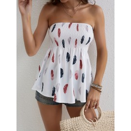 Feather Print Shirred Flared Tube Top, Resort Wear Sleeveless Top For Summer, Women's Clothing