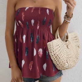 Feather Print Shirred Flared Tube Top, Resort Wear Sleeveless Top For Summer, Women's Clothing