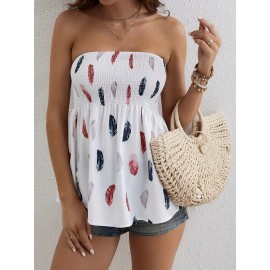 Feather Print Shirred Flared Tube Top, Resort Wear Sleeveless Top For Summer, Women's Clothing