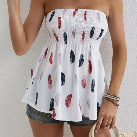 Feather Print Shirred Flared Tube Top, Resort Wear Sleeveless Top For Summer, Women's Clothing