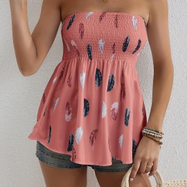 Feather Print Shirred Flared Tube Top, Resort Wear Sleeveless Top For Summer, Women's Clothing