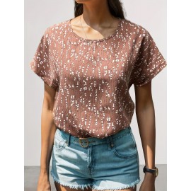 Crew Neck Floral Print Blouse, Casual Short Sleeve Blouse For Spring & Summer, Women's Clothing