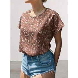 Crew Neck Floral Print Blouse, Casual Short Sleeve Blouse For Spring & Summer, Women's Clothing