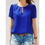 Solid Color Crew Neck Keyhole Blouse, Casual Short Sleeve Blouse For Spring & Summer, Women's Clothing