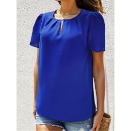 Solid Color Crew Neck Keyhole Blouse, Casual Short Sleeve Blouse For Spring & Summer, Women's Clothing