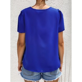 Solid Color Crew Neck Keyhole Blouse, Casual Short Sleeve Blouse For Spring & Summer, Women's Clothing