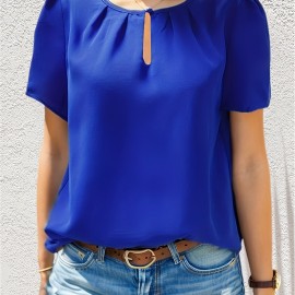 Solid Color Crew Neck Keyhole Blouse, Casual Short Sleeve Blouse For Spring & Summer, Women's Clothing