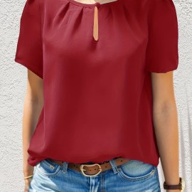 Solid Color Crew Neck Keyhole Blouse, Casual Short Sleeve Blouse For Spring & Summer, Women's Clothing