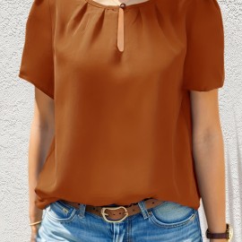 Solid Color Crew Neck Keyhole Blouse, Casual Short Sleeve Blouse For Spring & Summer, Women's Clothing