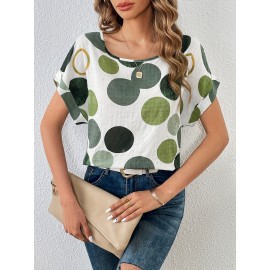 Polka Dot Crew Neck Blouse, Casual Short Sleeve Summer Comfy Blouse, Women's Clothing