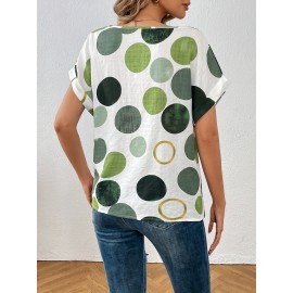 Polka Dot Crew Neck Blouse, Casual Short Sleeve Summer Comfy Blouse, Women's Clothing