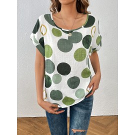 Polka Dot Crew Neck Blouse, Casual Short Sleeve Summer Comfy Blouse, Women's Clothing