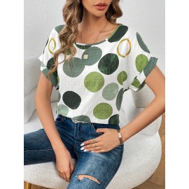 Polka Dot Crew Neck Blouse, Casual Short Sleeve Summer Comfy Blouse, Women's Clothing