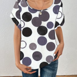 Polka Dot Crew Neck Blouse, Casual Short Sleeve Summer Comfy Blouse, Women's Clothing