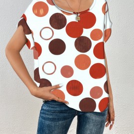 Polka Dot Crew Neck Blouse, Casual Short Sleeve Summer Comfy Blouse, Women's Clothing