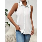 Button Front Sleeveless Shirt, Casual Solid Work Office Shirt With A Collar, Women's Clothing