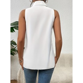 Button Front Sleeveless Shirt, Casual Solid Work Office Shirt With A Collar, Women's Clothing